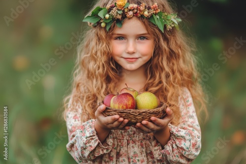 Little girl wearing a floral dress and a crown of flowers holds a basket of apples surrounded by greenery in a sunny outdoor setting photo