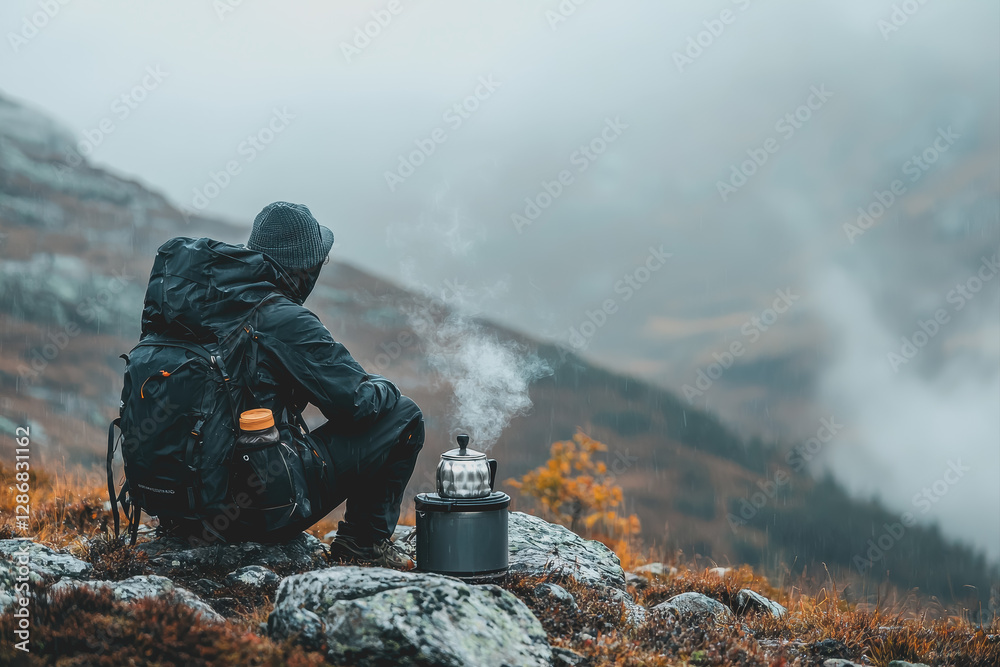Obraz premium Person sitting on a rock with a backpack and a cup enjoying nature outdoors in a serene environment