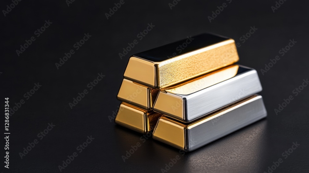 Stacked Silver and Gold Bars. A collection of neatly stacked silver and gold bars, with the gold shimmering brightly while the silver reflects a cool, metallic glow, set against a dark background. Stacked Silver and Gold Bars. A collection of neatly stacked silver and gold bars, with the gold shimmering brightly while the silver reflects a cool, metallic glow, set against a dark background.