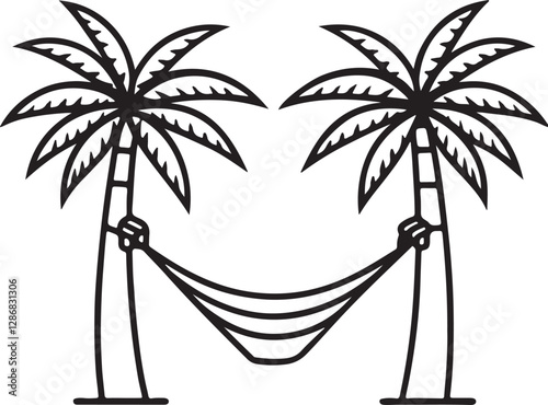 hammock between two palm trees line art, black outline, vector and illustration, line art and outline