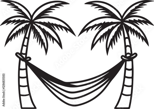 hammock between two palm trees line art, black outline, vector and illustration, line art and outline