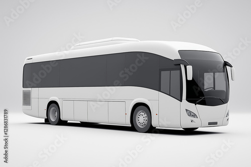 Large white coach bus parked on light grey background