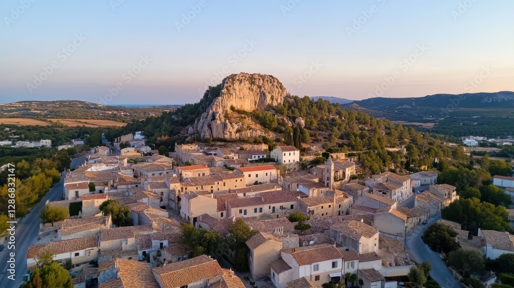 Fototapeta premium Picturesque village with rustic homes nestled in scenic mountains, offering a serene blend of nature and tradition.