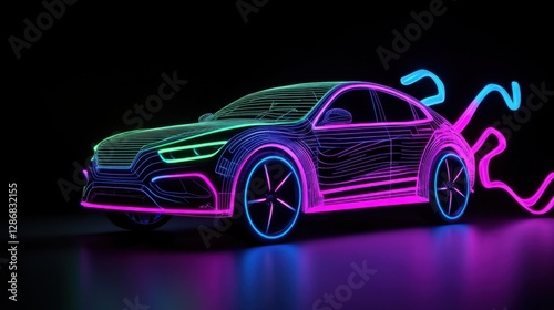 A minimalist wireframe car, its frame highlighted in bright neon green and blue, surrounded by floating data streams, with holographic elements indicating autonomous technology.