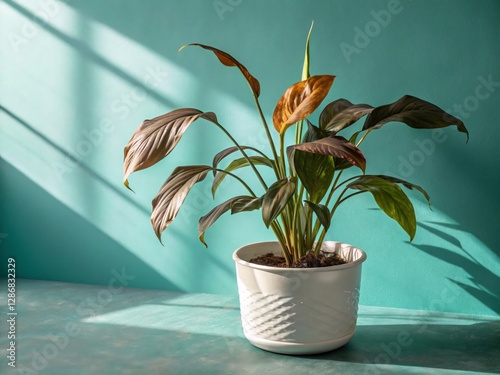 Neglected houseplant withering in white pot against blue background. Dry leaves droop from plant. Care-deficient indoor plant highlights cycle of life, death. Plant in state of decline, loss of