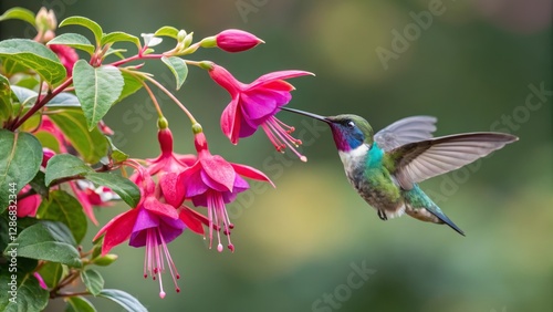 Hummingbird and Fuchsia Close-Up Composition, Vibrant Colors, Nature Photography, Hummingbird Feeding, Fuchsia Flowers Hummingbird, Wildlife Photography