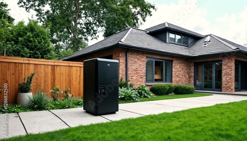 The image shows a house with a black water filtration system outside. photo