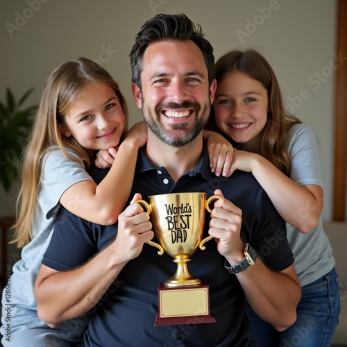 father two young daughters posing trophy father center holding trophy both hands smiling camera wearing black polo shirt words world best dad written daughters either side him father daughters right photo