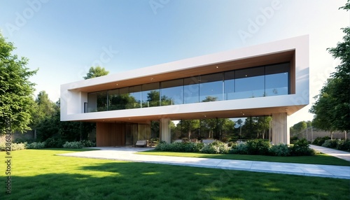 A modern white house with large windows and a flat roof sits on top of two pillars.