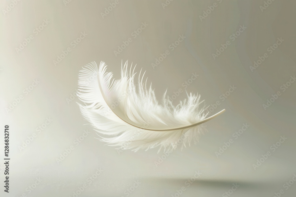 Fototapeta premium Floating white feather on clean background minimalist aesthetic studio view