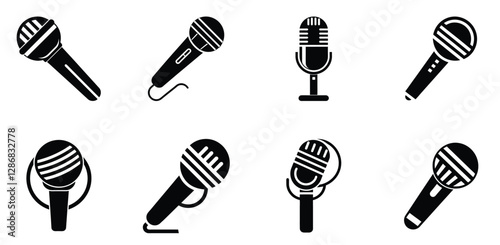 microphone icon set, reporter mic, podcast and karaoke microphone, vector illustration