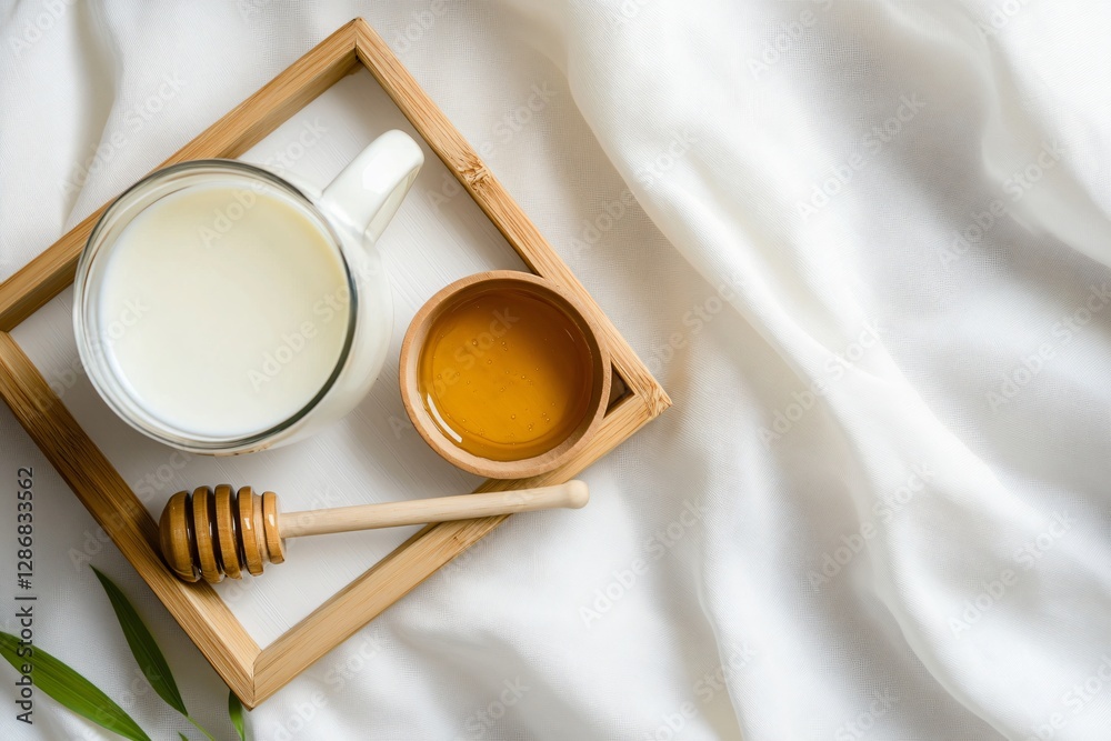 A wooden tray with a glass of milk and a spoonful of honey. The tray is placed on a white cloth A wooden tray with a glass of milk and a spoonful of honey. The tray is placed on a white cloth