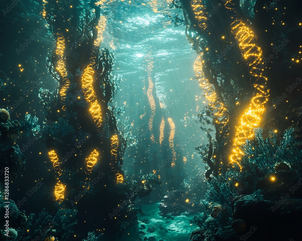 Fototapeta premium Serene underwater ecosystem DNA spiral forming kelp forest glowing bioluminescent light intricate molecular detail photo realistic texture cinematic natural lighting golden tone ultra detailed