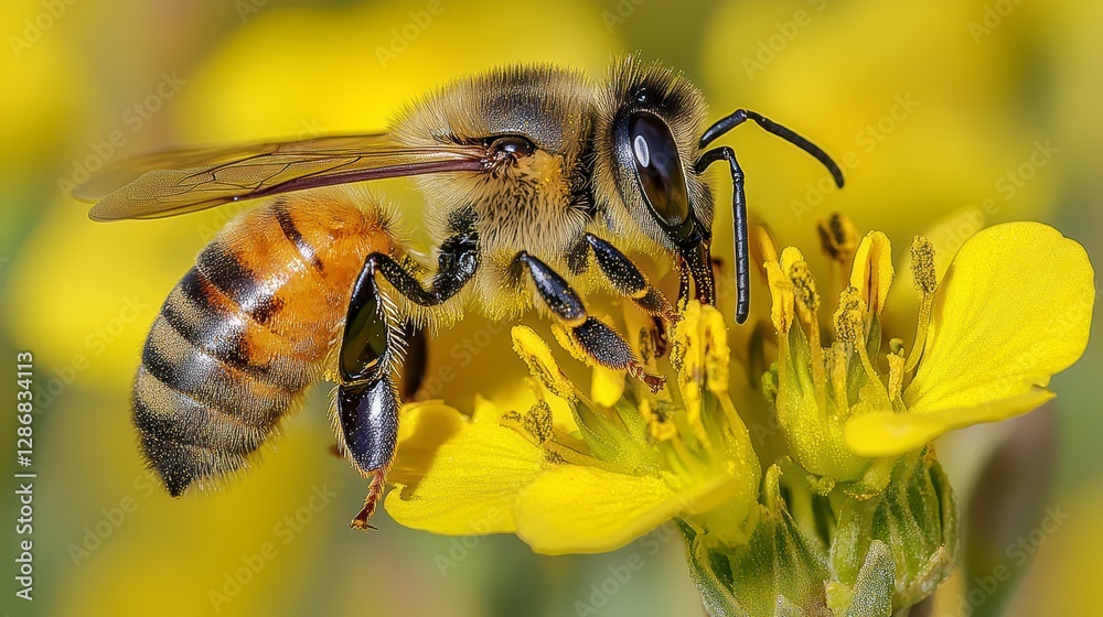 A honeybee is collecting nectar from a bright yellow flower A honeybee is collecting nectar from a bright yellow flower