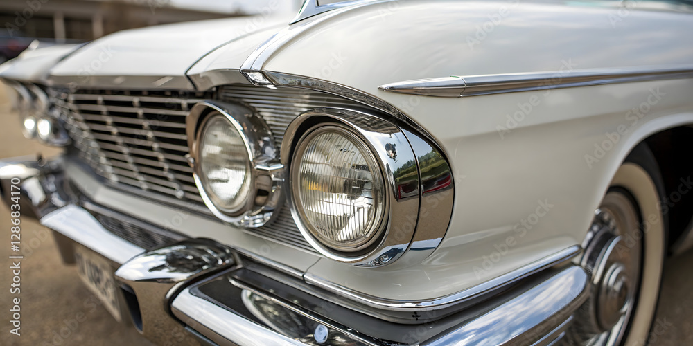 Headlight and Chrome Details of a Classic Car – Close-Up View Headlight and Chrome Details of a Classic Car – Close-Up View