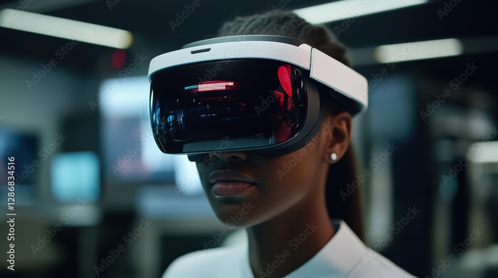 Immersed in a virtual world, a person wears advanced VR goggles, surrounded by digital innovations in a modern setting. Immersed in a virtual world, a person wears advanced VR goggles, surrounded by digital innovations in a modern setting.