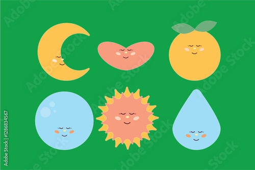 Funny Cute Flower and Sun Smiling Face Kawaii Character Cartoon Element Icon Collection	
