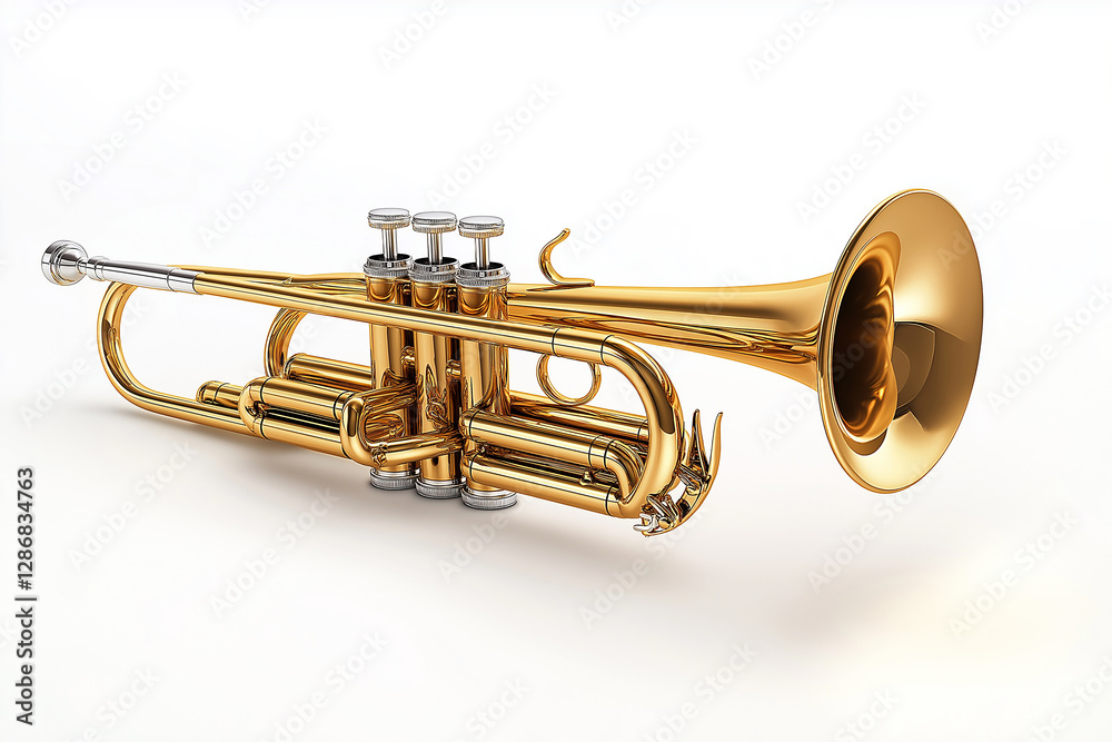 Obraz premium Shiny brass trumpet lying on white background
