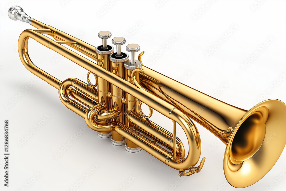 Obraz premium Shiny brass trumpet lying on white background