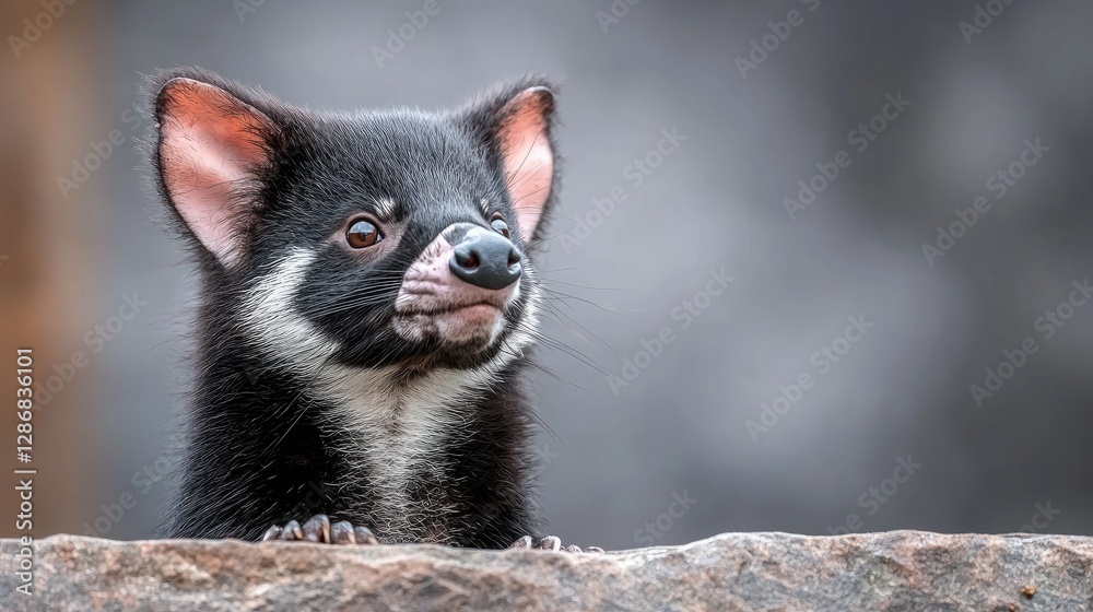 Fototapeta premium Tasmanian devil joey peeking over rock, blurred background, wildlife photography, zoo