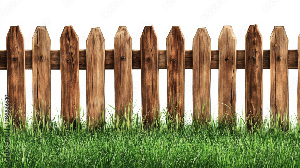 Fototapeta premium Brown wooden picket fence with green grass isolated on white background. Vector realistic illustration of farm or garden barrier from wood boards on field, meadow or lawn