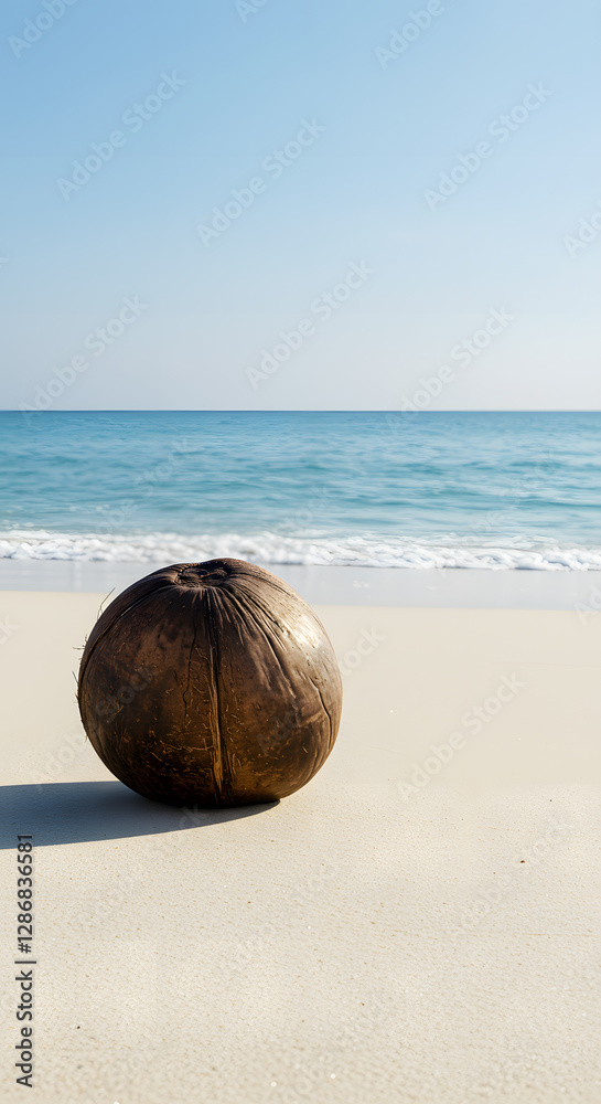 Coconut resting on beach sand with ocean in the background Coconut resting on beach sand with ocean in the background