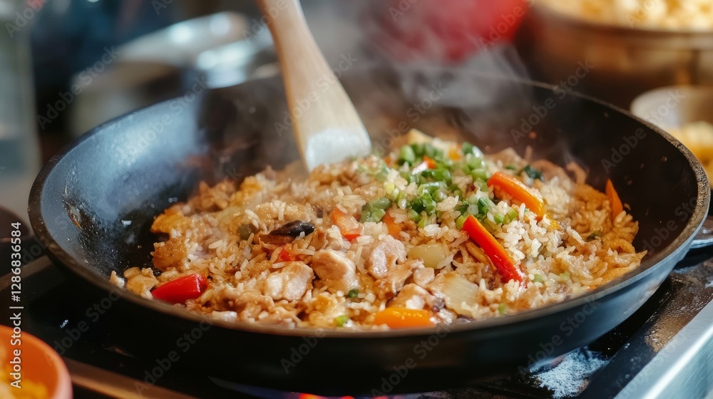 Vibrant stir fry a skillet filled with flavorful rice, juicy meat, and fresh vegetables Vibrant stir fry a skillet filled with flavorful rice, juicy meat, and fresh vegetables