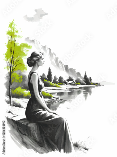 woman sitting on lakeside pencil sketch decoration vector with white area for insertion