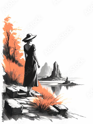 woman standing on lake shore decoration sketch vector with white area for insertion