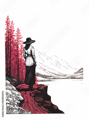 landscape with woman standing on lakeside decoration vector with white area