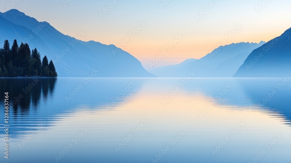 Fototapeta premium Calm Lake Reflecting Mountain Landscape at Dusk with Soft Light