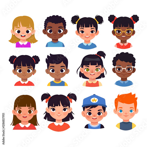 A set of 12 illustrated avatars featuring diverse children with various hairstyles, facial expressions, and accessories. Colorful and cheerful cartoon-style.