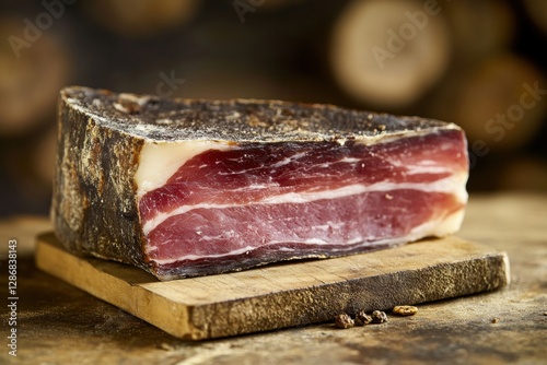 Seasoned speck ham resting on cutting board in south tyrol cellar