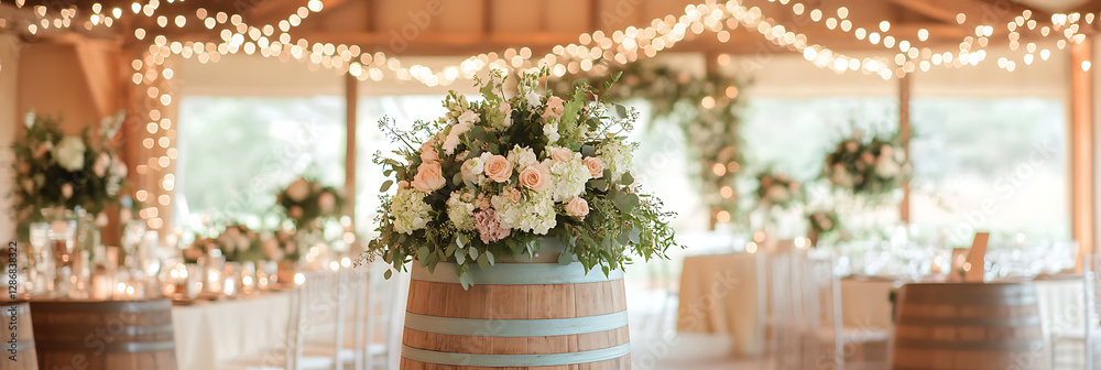 Fototapeta premium Elegant wedding reception setup with floral arrangements on wooden barrels under string lights. The scene exudes a warm, celebratory atmosphere.
