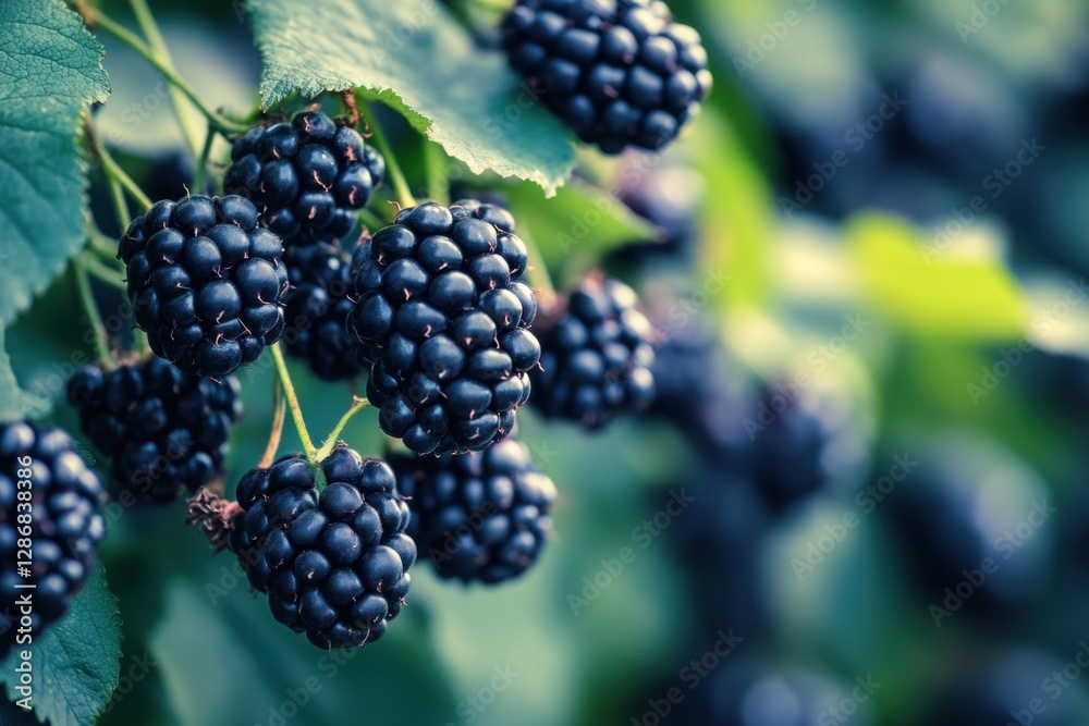 Ripe blackberries growing on a branch in the garden Ripe blackberries growing on a branch in the garden