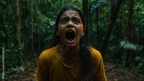 scared young woman screams in terror in dense forest expressing fear and vulnerability in nature photo