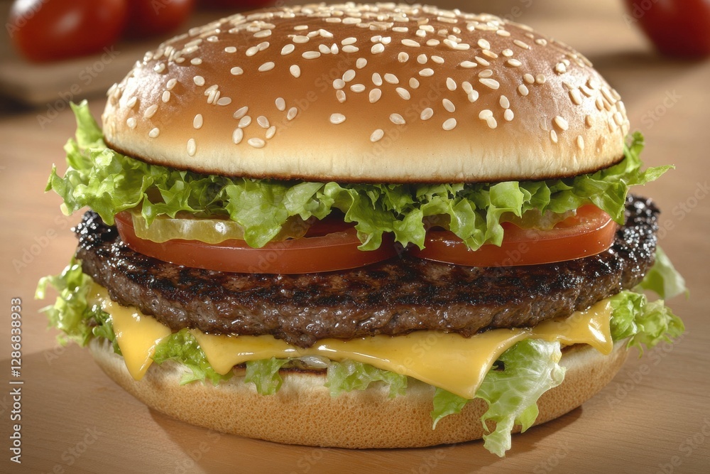Delicious hamburger with lettuce, tomato, cheese and beef patty resting on wooden table Delicious hamburger with lettuce, tomato, cheese and beef patty resting on wooden table