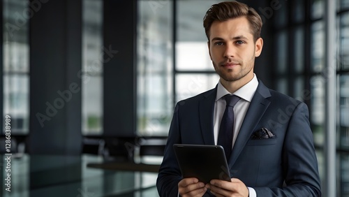 realistic, Confident businessman in suit holding tablet, isolated on transparent background
