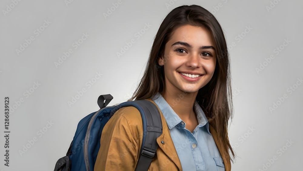 realistic, Young smiling beautiful college student with a backpack and holding a book realistic, Young smiling beautiful college student with a backpack and holding a book