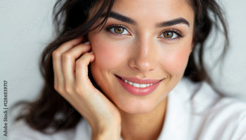 A confident woman in a white blouse smiles warmly against a clean, minimalistic background. A confident woman in a white blouse smiles warmly against a clean, minimalistic background.