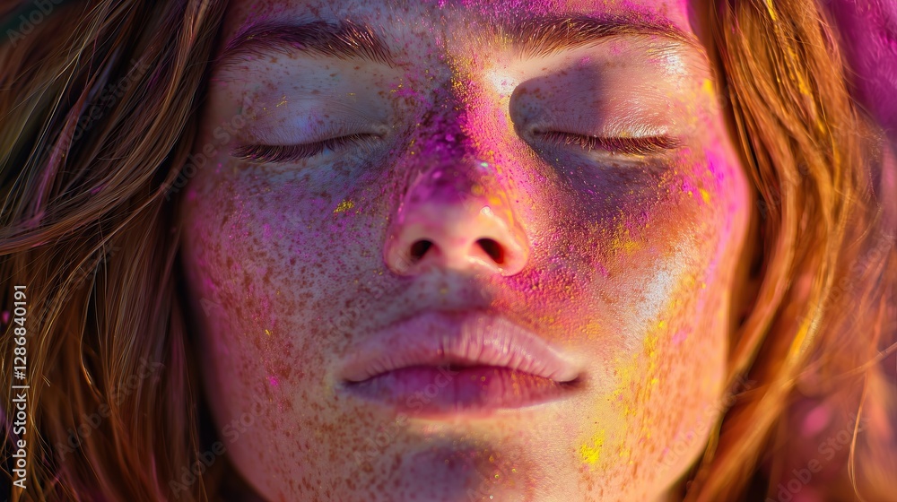 Woman face covered in colorful powder with eyes closed bathed in sunlight Skin detail and relaxation Woman face covered in colorful powder with eyes closed bathed in sunlight Skin detail and relaxation