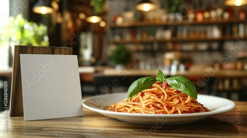 Blank menu card next to spaghetti dish in cafe photo
