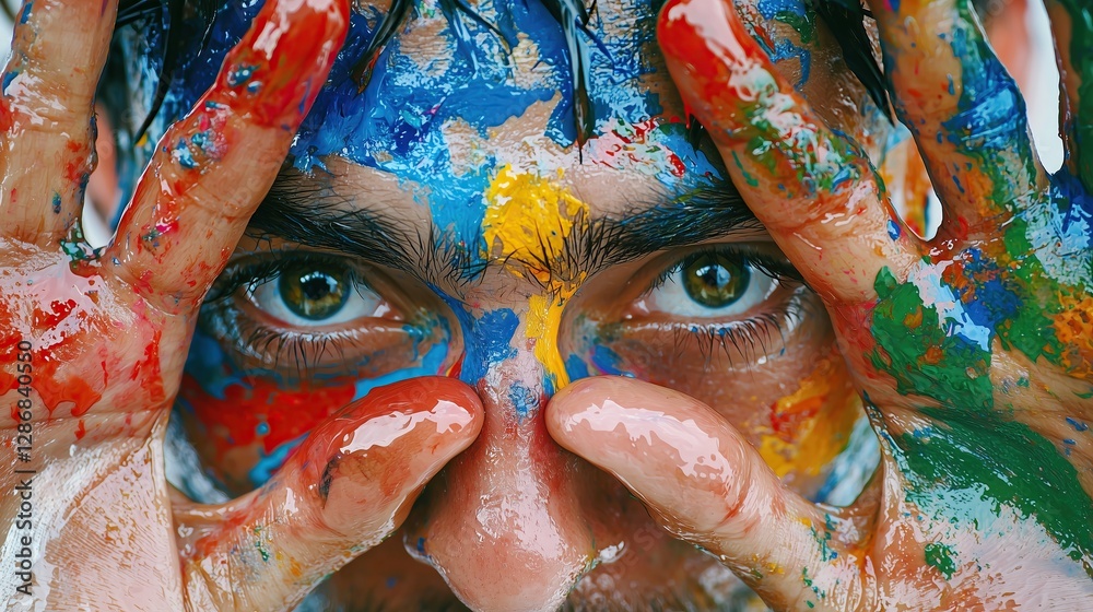 Fototapeta premium Close up of person face and hands covered in vibrant paint artistic expression and creativity theme