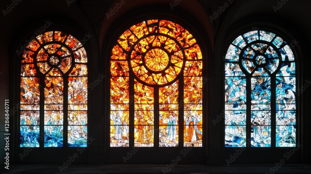 Ornate Stained Glass Windows with Religious Figures and Warm Light Ornate Stained Glass Windows with Religious Figures and Warm Light