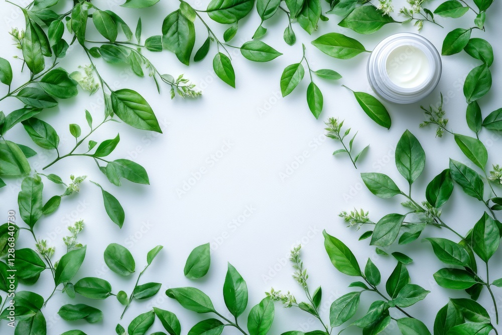 Fototapeta premium A minimalistic arrangement of green leaves surrounding a jar of wormwood-infused face cream on a light background