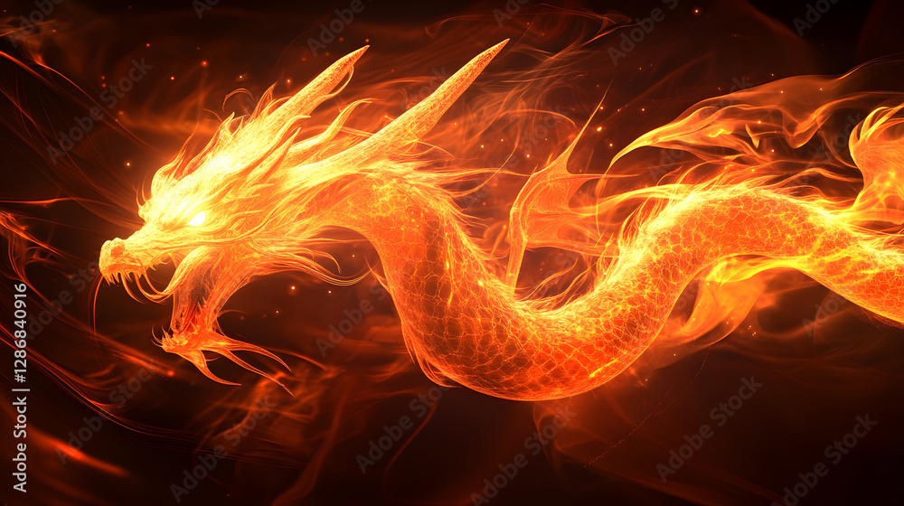 Fototapeta premium Surreal artistic interpretation of a fire breathing dragon with vibrant colors and whimsical elements