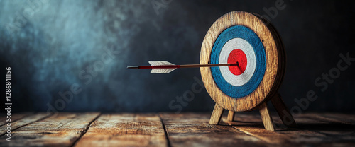 Wooden archery target with a single arrow stuck in the bullseye, representing focus, precision, and the concept of achieving goals in sports or target practice