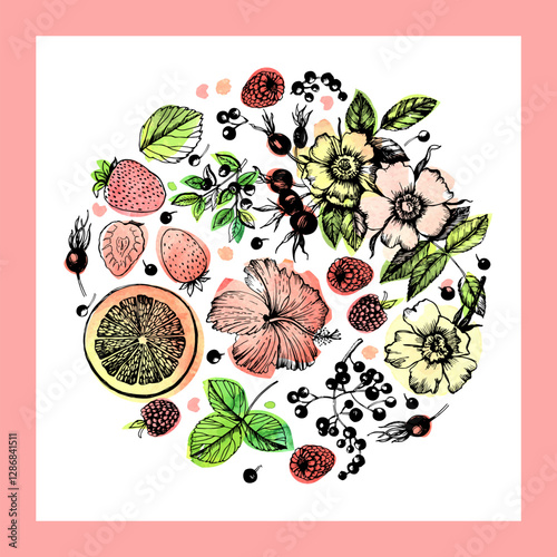 Graphic print Plants Fruit Tea. Square composition. Scarf.