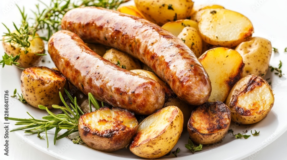 Fresh and natural sausage and potato platter on white background, healthy and realistic presentation Fresh and natural sausage and potato platter on white background, healthy and realistic presentation