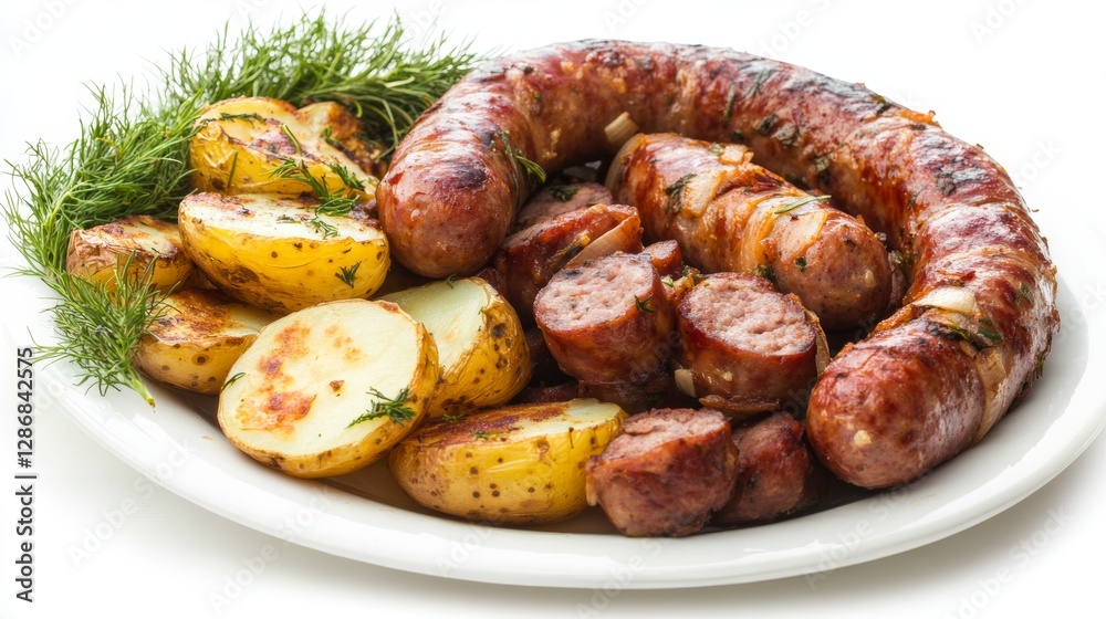 Fresh and natural sausage and potato platter on a clean white background for healthy eating